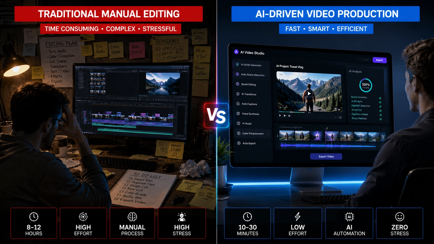 traditional vs AI-powered faceless YouTube video production