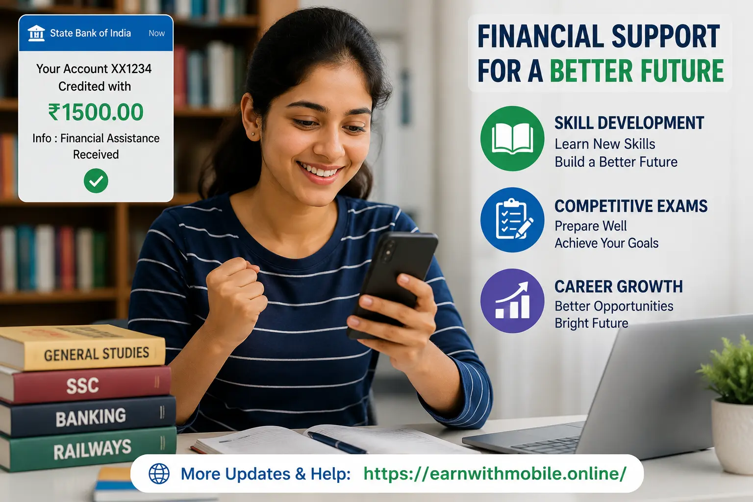 Happy student receiving financial assistance notification on smartphone with career growth icons in the background representing Banglar Yuva Sathi support