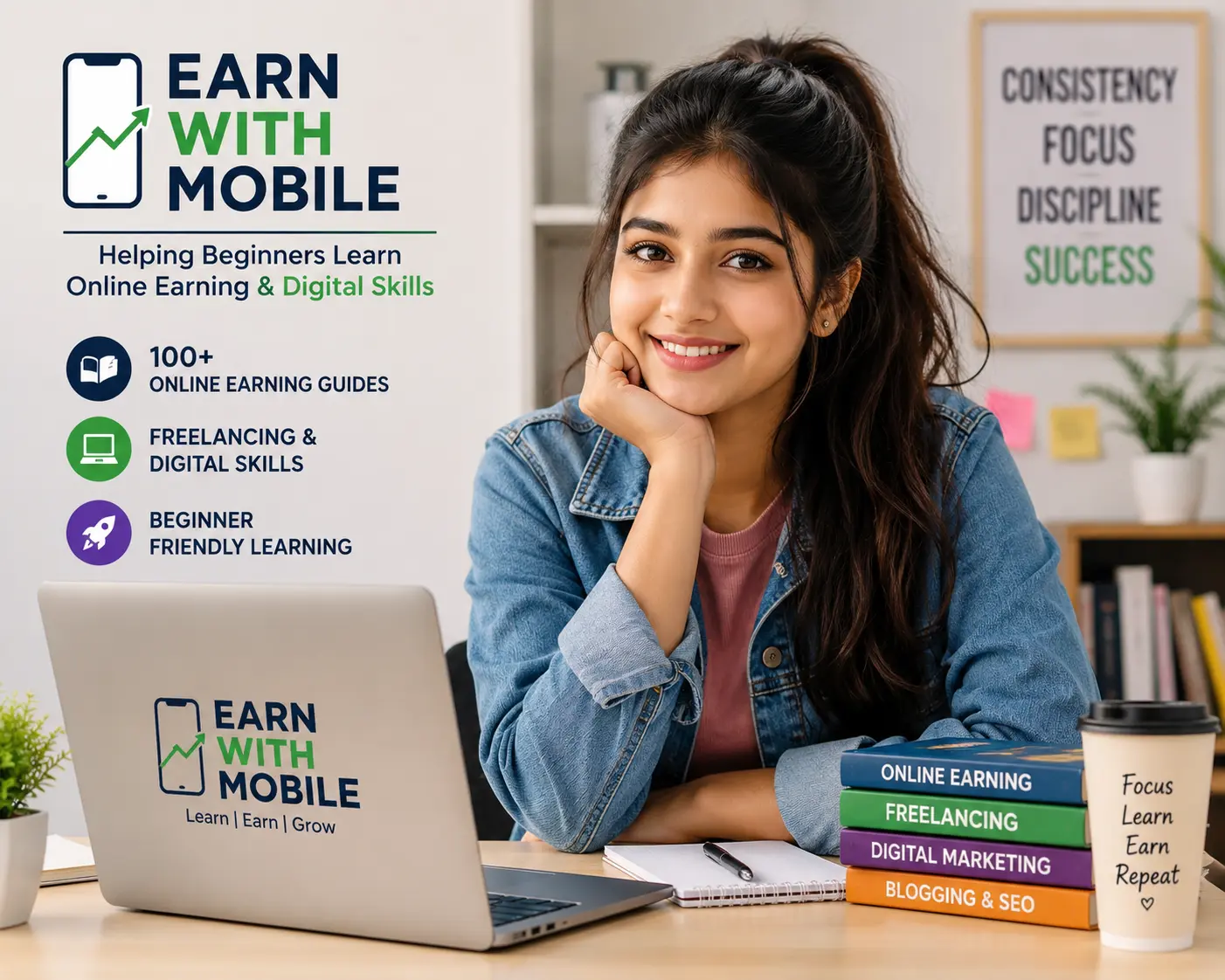 AI Brand Ambassador Girl Helping Beginners Learn Online Earning, Freelancing and Digital Skills at Earn With Mobile