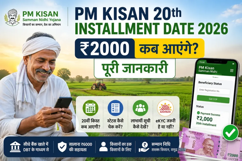 PM Kisan 20वीं किस्त 2026 अपडेट, किसान मोबाइल पर ₹2000 की किस्त और लाभार्थी स्थिति चेक करते हुए