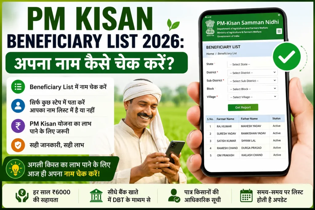 Indian farmer checking PM Kisan Beneficiary List 2026 on smartphone, beneficiary status verification, PM Kisan scheme payment and eligibility check