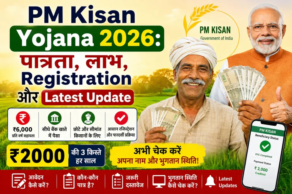 PM Kisan Yojana 2026 के तहत ₹6000 सहायता, पात्रता, ऑनलाइन रजिस्ट्रेशन, eKYC अपडेट और पेमेंट स्टेटस चेक की पूरी जानकारी