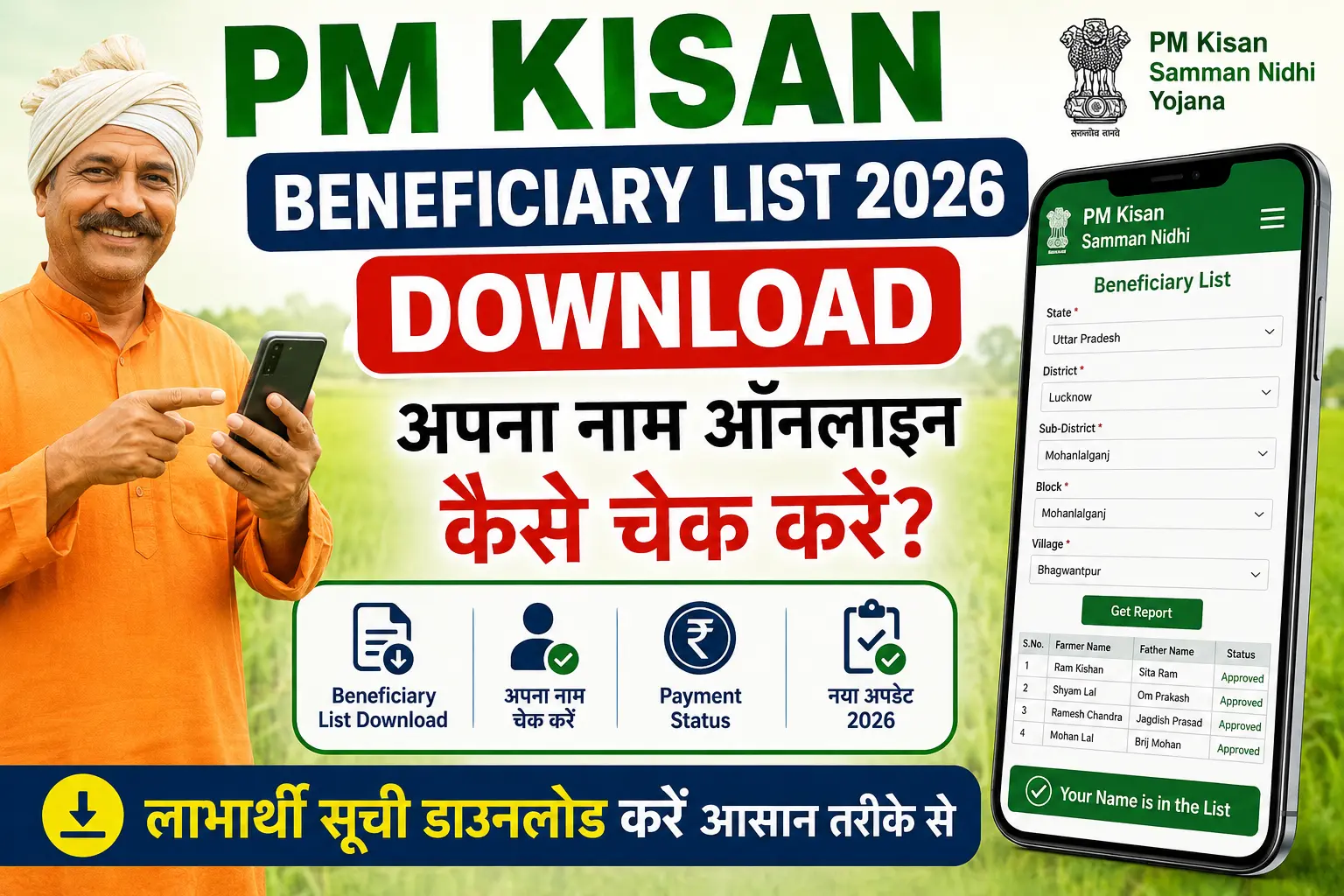PM Kisan Beneficiary List 2026 Download PM Kisan Beneficiary List 2026 Download अपना नाम ऑनलाइन कैसे चेक करें लाभार्थी सूची डाउनलोड और स्टेटस चेक