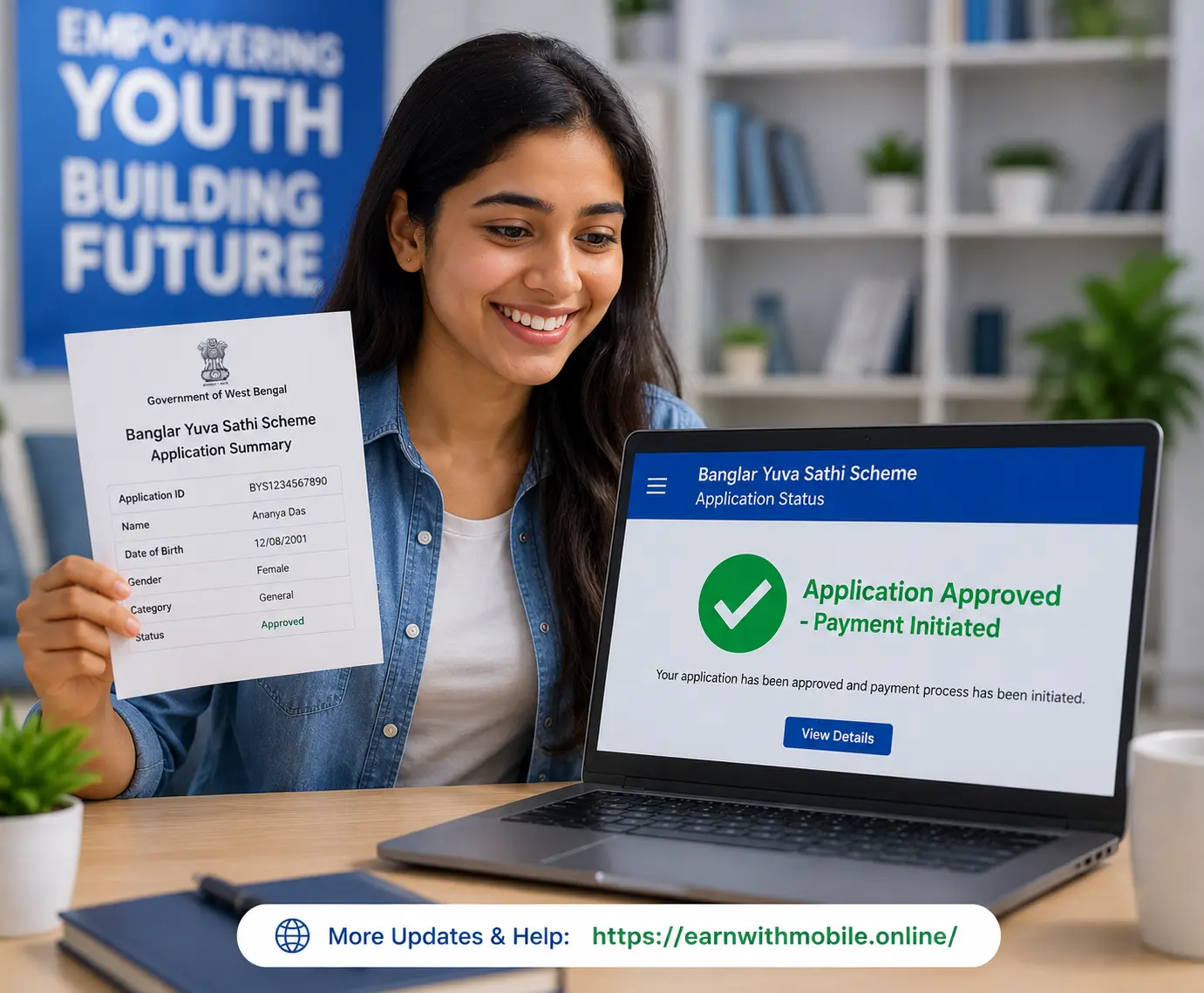 Professional student checking Banglar Yuva Sathi Scheme application status on a laptop at a digital assistance help desk
